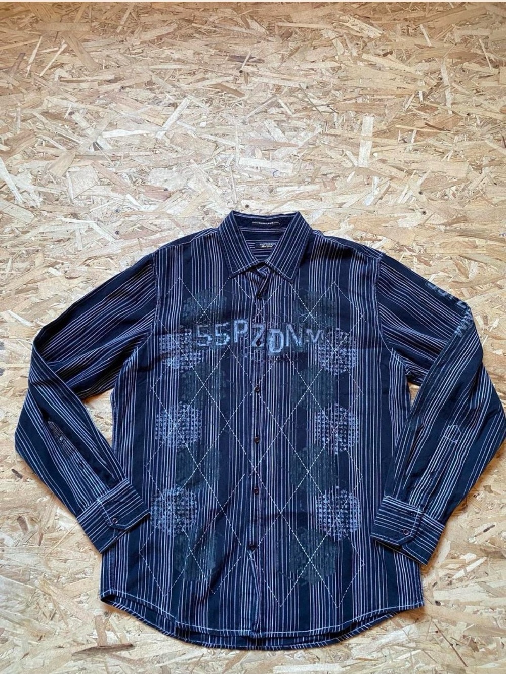 Point Zero Y2K Black and White Striped Button-Down Shirt with Subtle Graphic